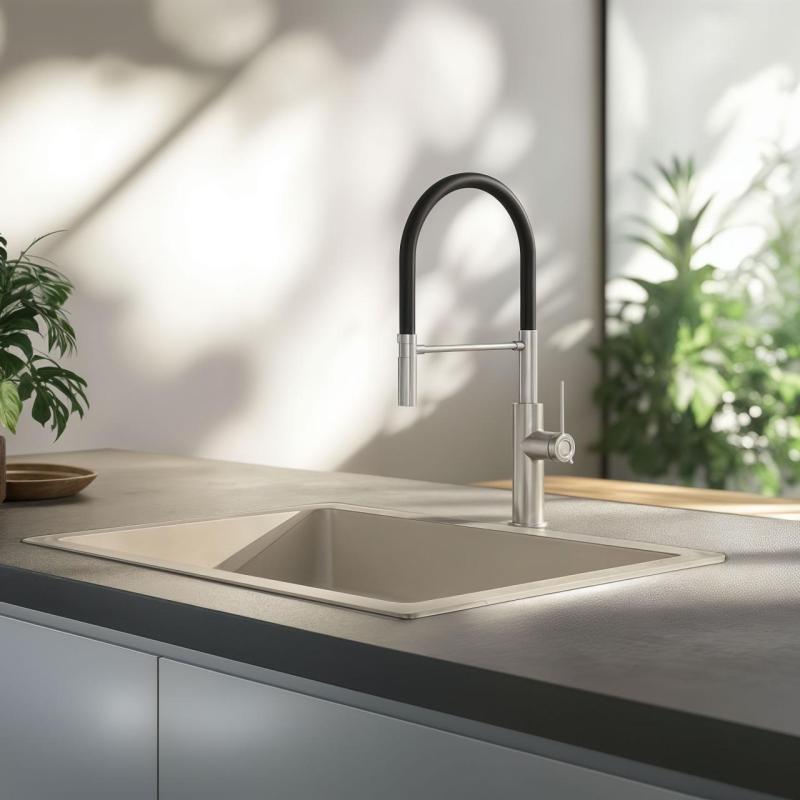 Quadri Retford misturador de cozinha inox com bica flexível preta 1208956089