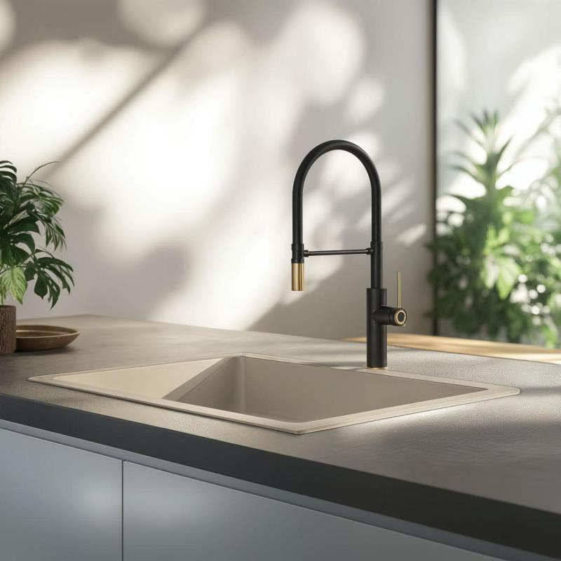 Torneira de Cozinha Quadri Retford Preta com Acabamento Dourado e Bico Flexível Preto 1208956092