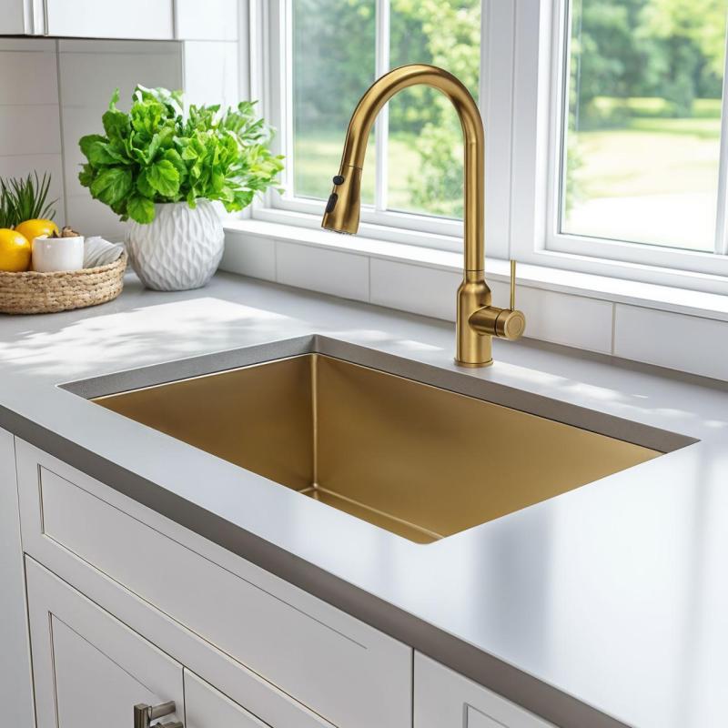 Quadri Stamford misturador de cozinha dourado com bica removível e modo de pulverização 1208956093