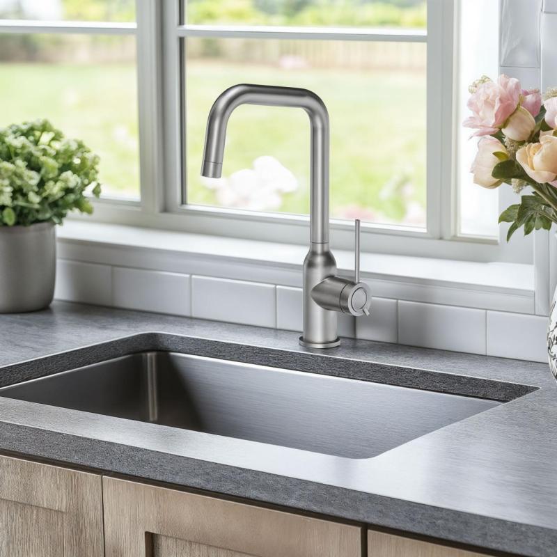 Misturador de cozinha Quadri Stamford em aço inoxidável com bica angular giratória 1208956097