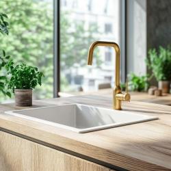 Misturador de cozinha Quadri Stamford pvd dourado com bica giratória angular 1208956098