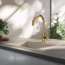 Torneira de cozinha Quadri Stamford dourada com bica redonda giratória 1208956114