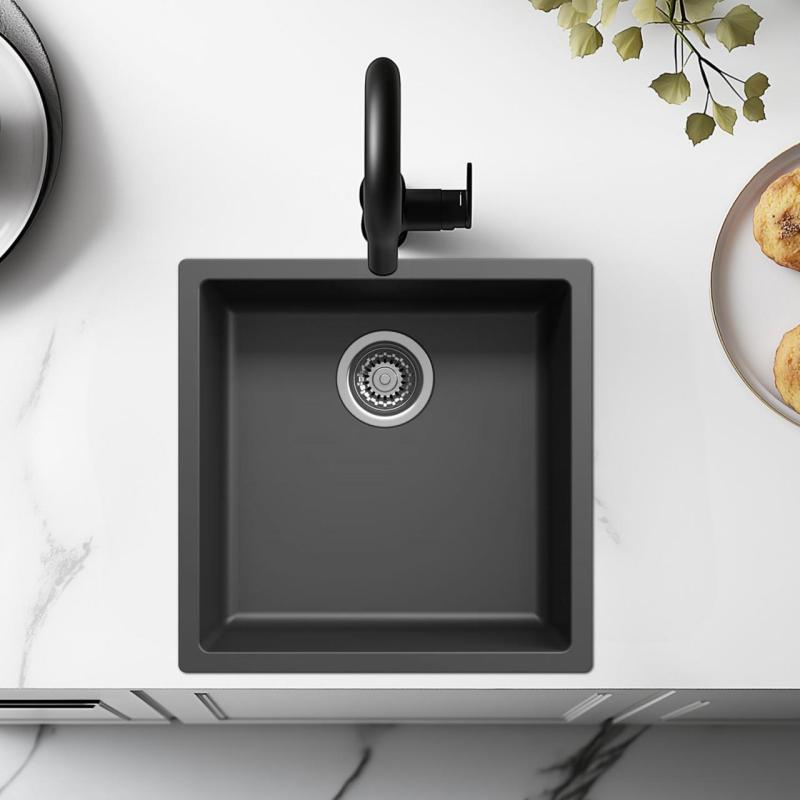 Pia preta 40x40cm para instalação sob bancada, sobre bancada e embutida com tampa de aço inoxidável 1208956390