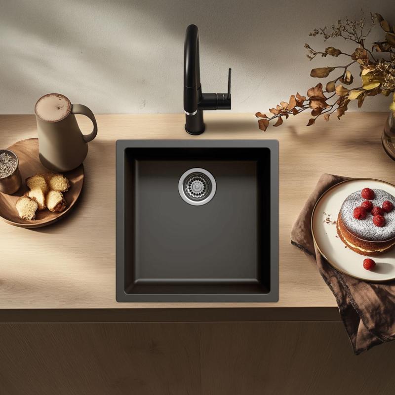 Pia preta 40x40cm para instalação sob bancada, sobre bancada e embutida com tampa de aço inoxidável 1208956390