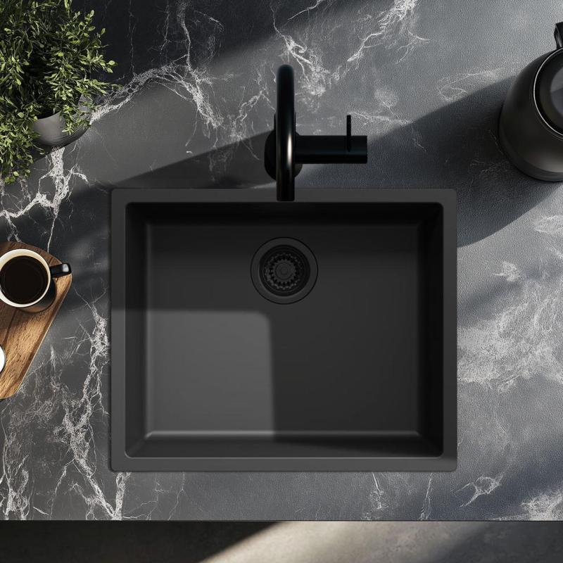 Pia preta de 50x40cm para instalação sob a bancada, sobre a bancada e em nível com a bancada, com tampão preto 1208956396.