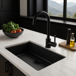 Pia grande preta 70x40cm para montagem sob bancada, sobrepor e de nivelamento com tampão preto 1208956401.