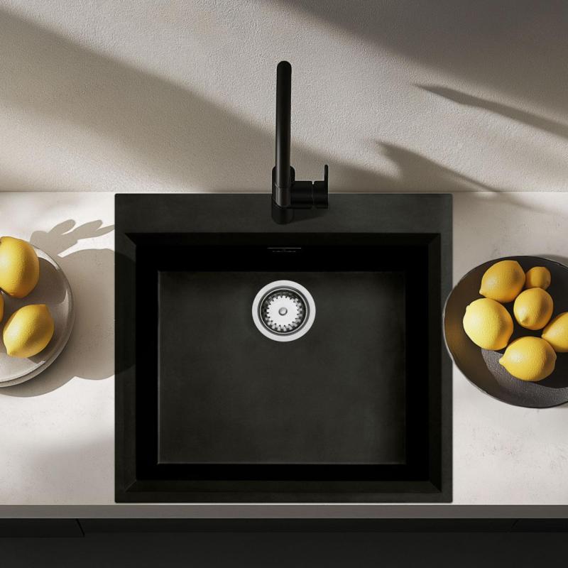 Pia preta de encastrar 58x53 cm com orifício para torneira e tampão em aço inoxidável 1208956732