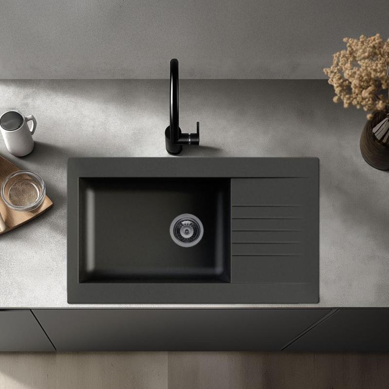 Ausmann Fibre grande pia de plástico preto reversível com escorredor de louça, montagem de sobrepor, 86x50 cm 1208956779