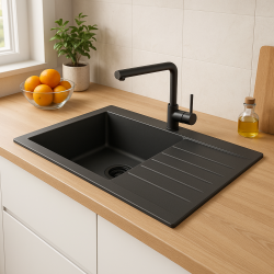 Ausmann Fibre grande pia de plástico preto reversível com escorredor, montagem superior 86x50 cm com válvula preta 1208956781