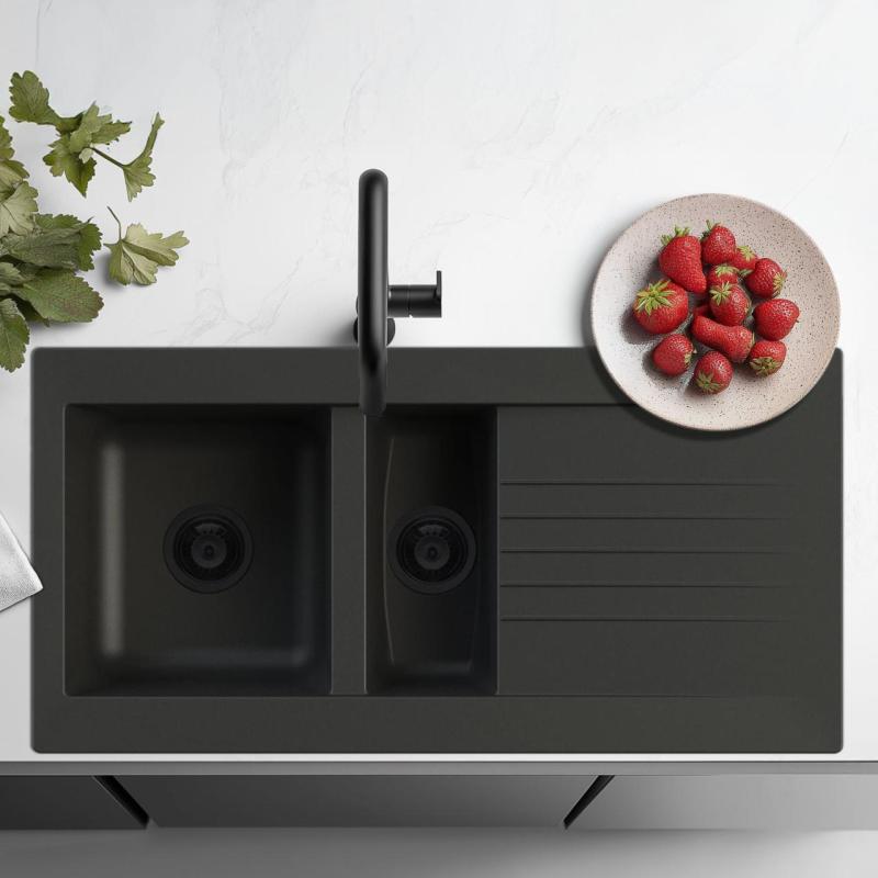 Ausmann Fibre 1,5 pia de plástico preta reversível com escorredor de pratos 100x50 cm com tampão preto 1208956784