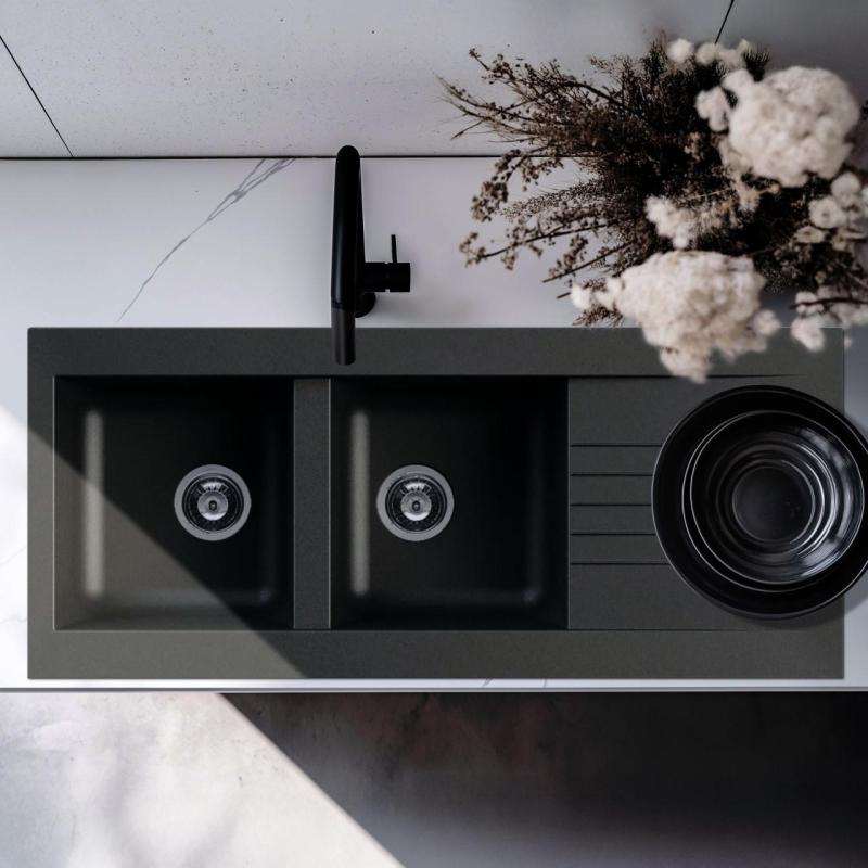 Ausmann Fibre pia dupla preta de plástico reversível com escorredor de montagem 116x50 cm 1208956787