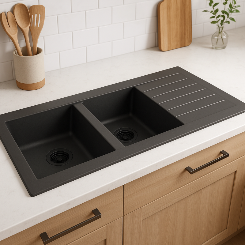 Ausmann Fibre pia dupla reversível de plástico preto com escorredor, instalação de sobrepor, 116x50 cm, com plugue preto 1208956790