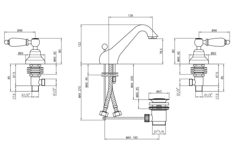 PB torneira clássica de 3 furos para lavatório baixo Alavancas brancas Bronze 1208956907