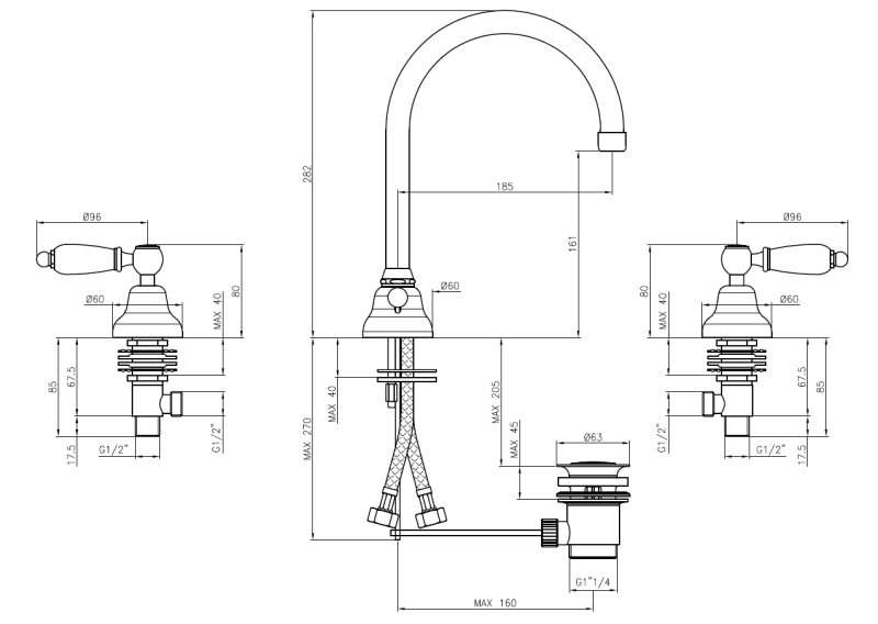 PB torneira clássica de 3 furos para lavatório com alças brancas e bica redonda, acabamento cromado 1208956912
