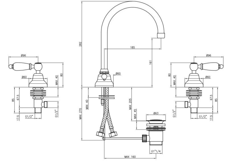 PB torneira clássica de 3 furos para lavatório com alavancas brancas e bica arredondada em aço inoxidável 1208956914
