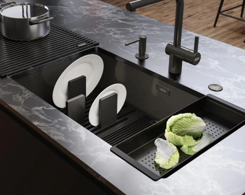 Franke Mythos masterpiece escorredor de louça preto com suporte de fundo 676x401mm 112.0676.895