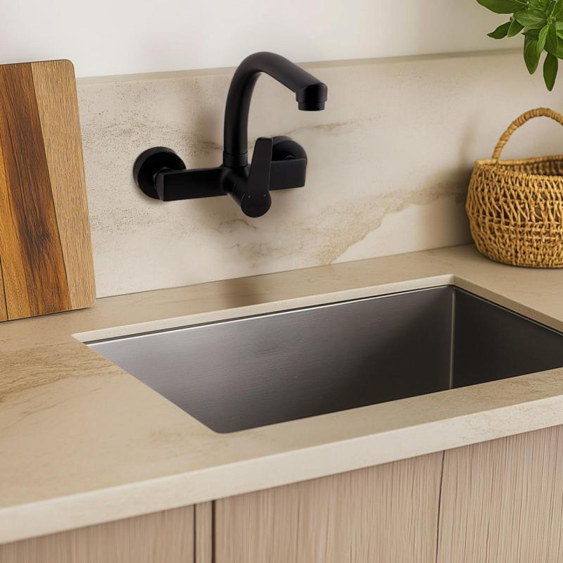 AquaTrimo Chopin torneira de parede para cozinha com saída superior, preto fosco, 21CP7073SW