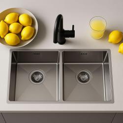 Spoelbak Ausmann Oder dubbele roestvrij staal 76x45cm met 2 bakken van 34x40, vlakbouw, onderbouw en opbouw, extra diep 22cm, 1208957116.