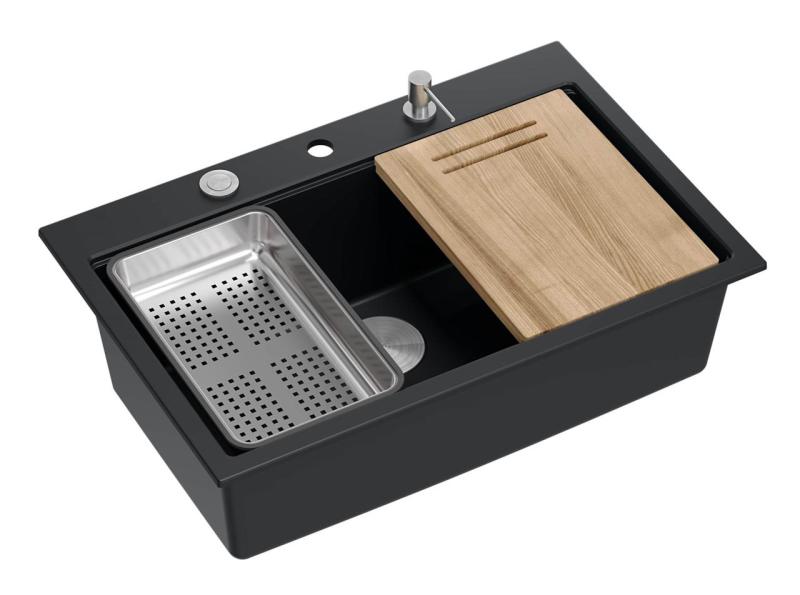 Quadri pia de sobrepor grande em granito preto fosco Hard Rock 76x50cm incluindo acessórios 1208957201