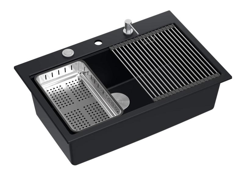 Quadri pia de sobrepor grande em granito preto fosco Hard Rock 76x50cm incluindo acessórios 1208957201