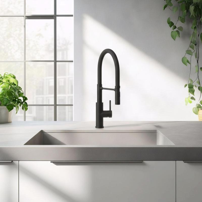 Torneira de cozinha Quadri Chester com bica flexível e chuveiro com 2 tipos de jato, preto fosco 1208957225