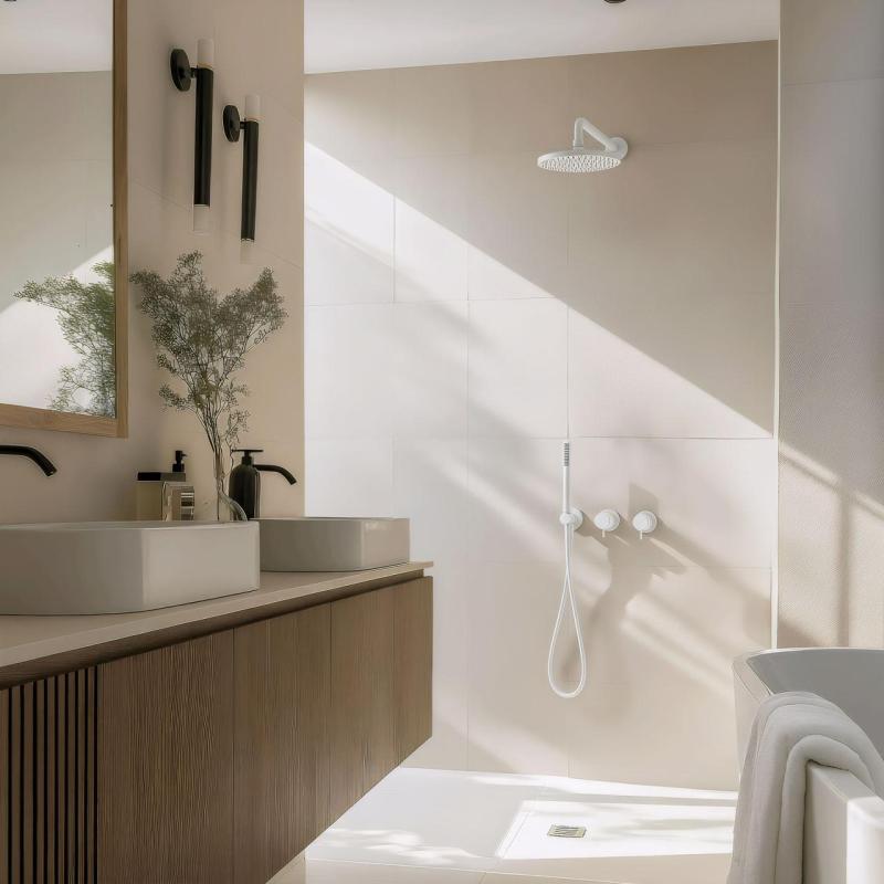 Conjunto de chuveiro embutido Waterevolution Flow branco mate com chuveiro termostático tipo chuva e chuveiro de mão 1208957344