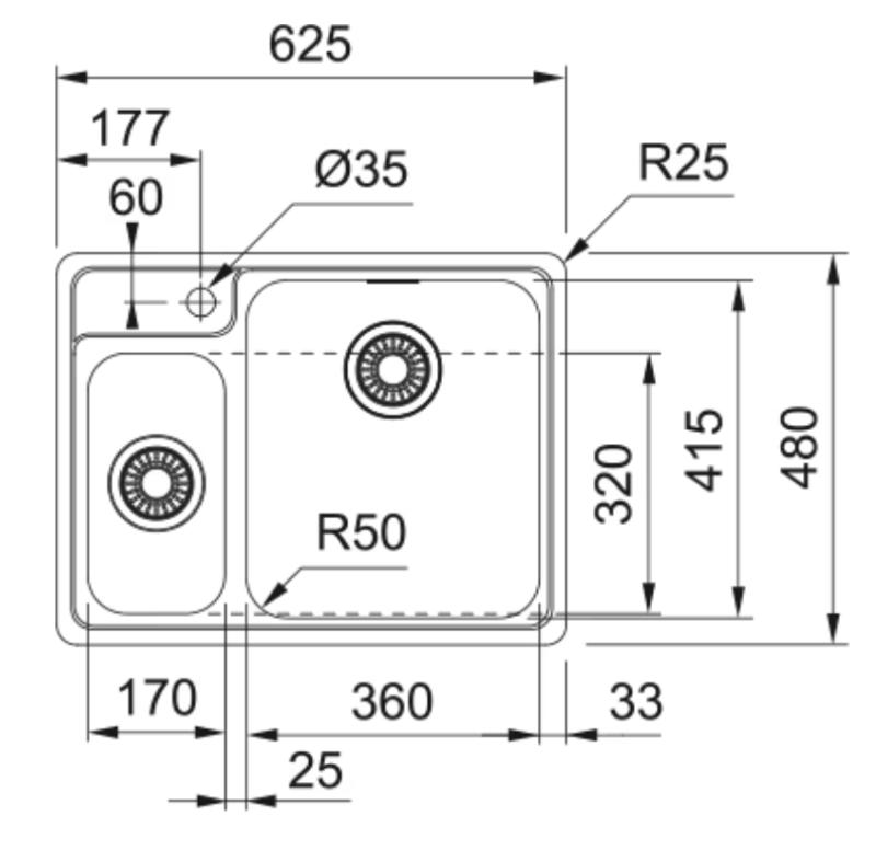 Pia Franke Bellissimo BCX 260 embutida com furo para torneira 625x480mm 127.0691.229