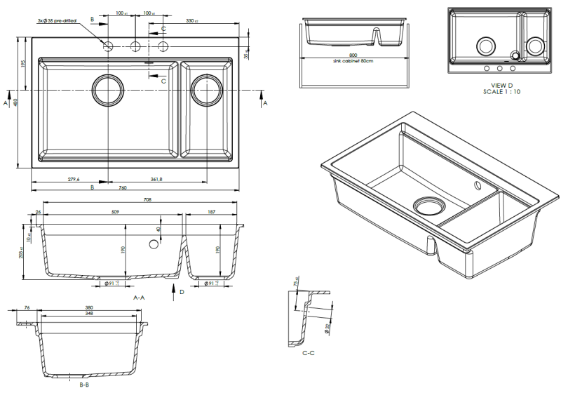 GraniteMy Limited grande pia de granito preto de 1,5 cubas, montada sobre ou sob a bancada, incluindo acessórios, 76x48 cm 1208957389.