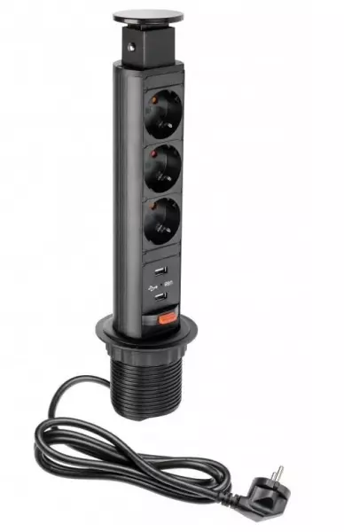 Indux Up & Down pequeno tomada elétrica de embutir com aterramento preto para cozinha na bancada com 3 tomadas e 2 x USB 1208957416