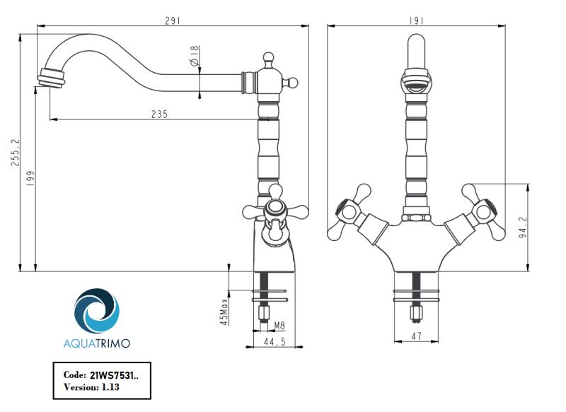 AquaTrimo Windsor torneira de cozinha clássica nostálgica com bica angular em aço inoxidável 21WS7531NM