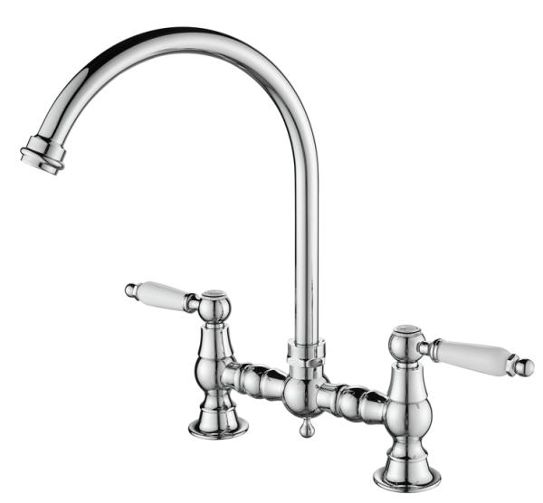 AquaTrimo Country Torneira de Cozinha Clássica de 2 Furos, Estilo Nostálgico com Bica Redonda Cromada 21CT7655CM