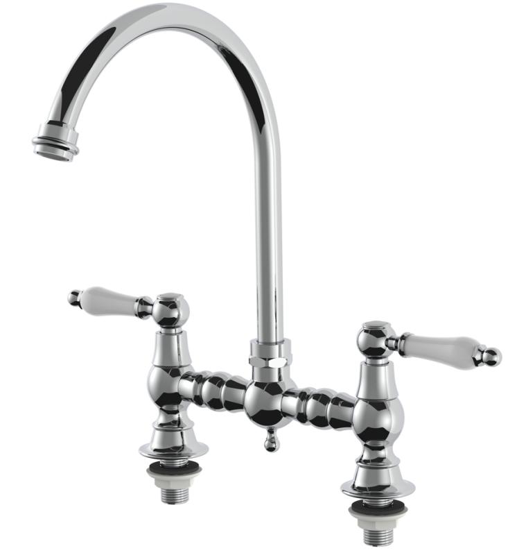 AquaTrimo Country Torneira de Cozinha Clássica de 2 Furos, Estilo Nostálgico com Bica Redonda Cromada 21CT7655CM