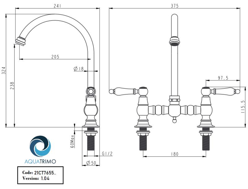 AquaTrimo Country Torneira de Cozinha Clássica de 2 Furos, Estilo Nostálgico com Bica Redonda Cromada 21CT7655CM
