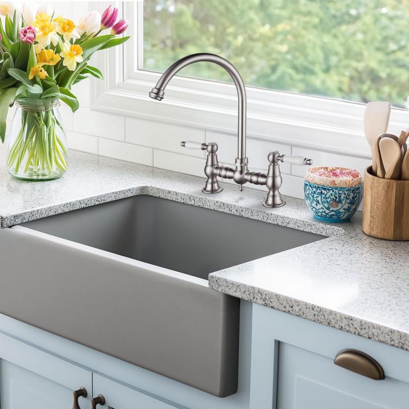 AquaTrimo Country Torneira de Cozinha Clássica de 2 Furos, Estilo Nostálgico com Bica Redonda Cromada 21CT7655CM