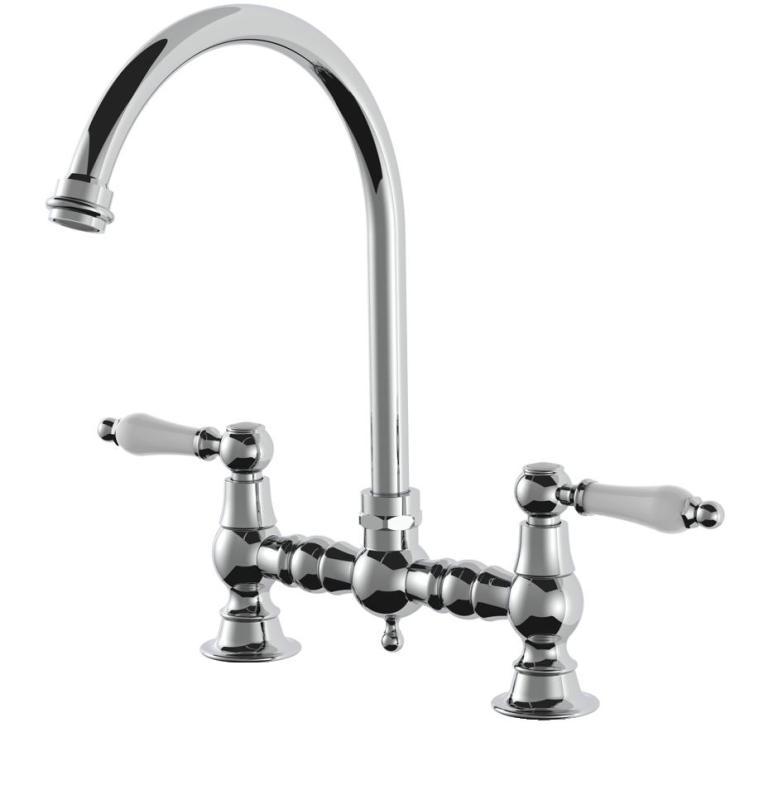 AquaTrimo Country Torneira de Cozinha Clássica de 2 Furos, Estilo Nostálgico com Bica Redonda Cromada 21CT7655CM