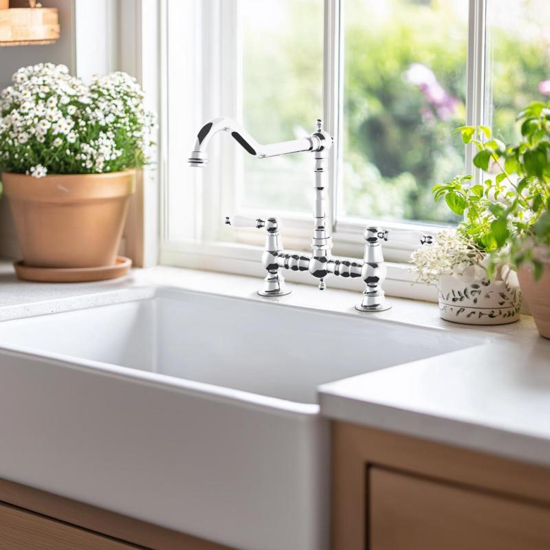 AquaTrimo Country torneira de cozinha clássica de 2 furos estilo nostálgico com bica angular cromada 21CT7657CM