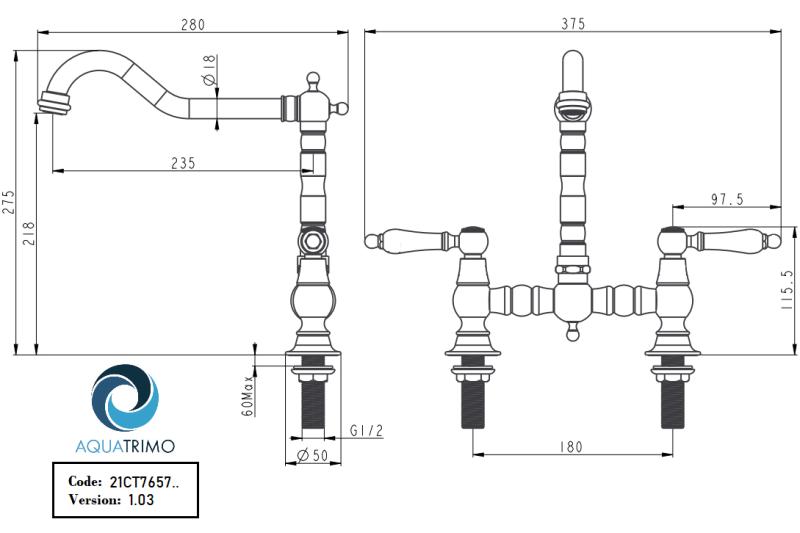 AquaTrimo Country torneira de cozinha clássica de 2 furos estilo nostálgico com bica angular cromada 21CT7657CM
