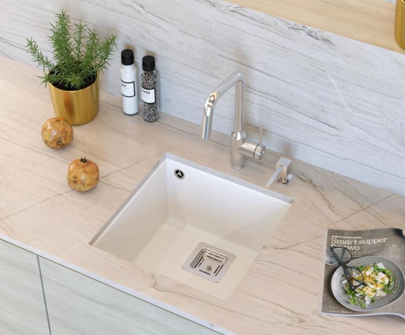 Quadri Quadrangle pia de granito branco embutida 42x42cm com tampa de aço inoxidável 1208957886