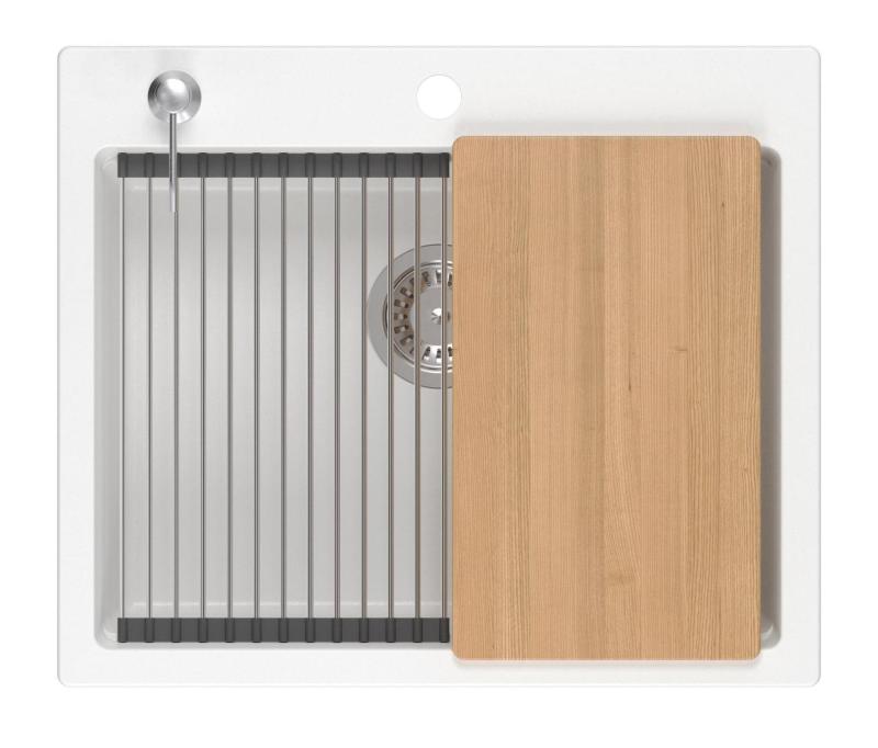 Quadri Durham pia de granito branco 595x500 com dispensador de sabão, tábua de cortar, esteira de rolo, pia auxiliar e esteira de rolo 1208957903