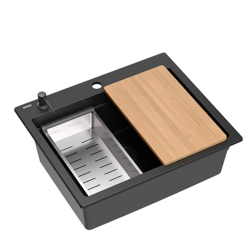 Quadri Durham pia de granito preto embutida 595x500 com dispensador de sabão, tábua de cortar, pia auxiliar e tapete de rolo 1208957904