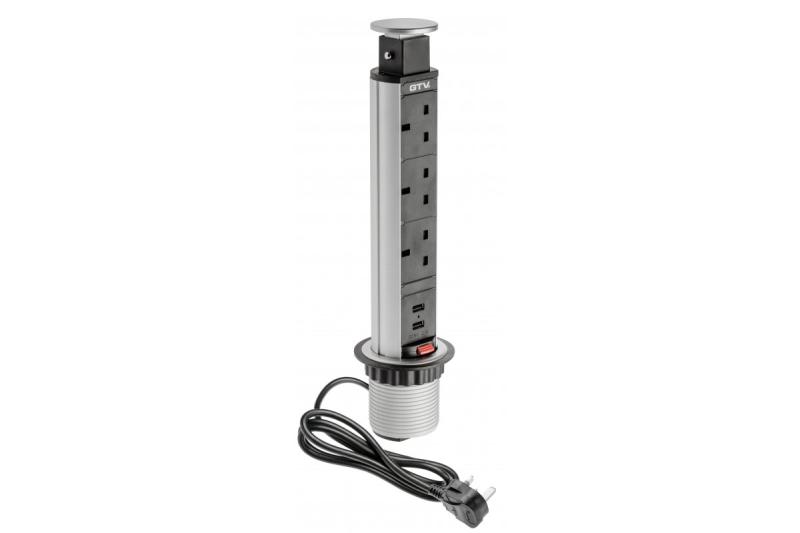 Cabo de extensão para mortise de secretária 60 mm, 3x tomada UK, 2xUSB 2,1A 5V (prateado) VERSÃO EM INGLÊS 1208958629