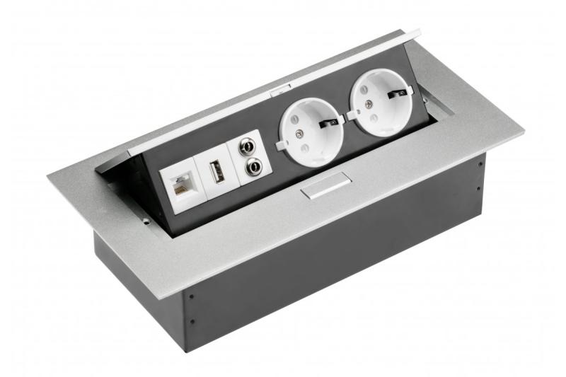 Cabo de extensão para secretária 2x tomada Schuko, tomada USB, áudio (banana), tomada RJ45 (Ethernet), sem cabo, alumínio 1208958663