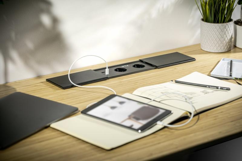 Cabo de extensão embutido para desktop PRESTINO, 2x tomada francesa, USB A+C, RJ45, HDMI, cabo 1.5m, prata 1208958675