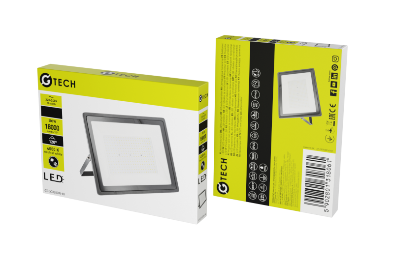 G-TECH LED holofote, 18000lm, AC220-240V, 50/60 Hz, PF>0,9, RA>80, IP65, 120°, 4000K, preto 1208959187
