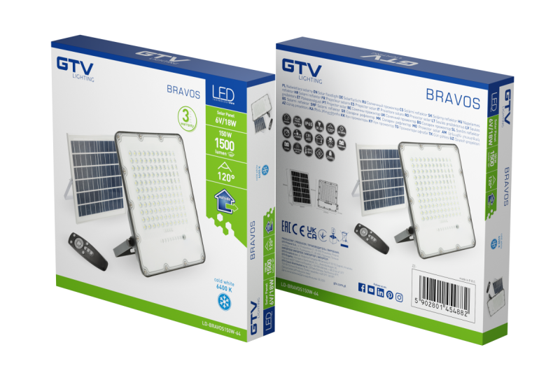 Holofote LED solar BRAVOS, 150W, 1500lm, 6400K, IP65, 120°, painel solar, controle remoto, 3y 1208962682