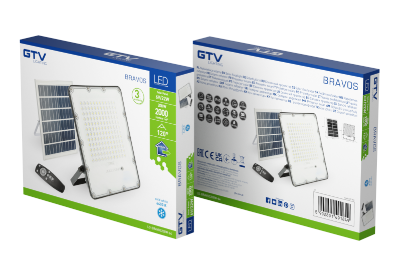 Holofote LED BRAVOS, 200W, 2000lm, 6400K, IP65, 120°, painel solar, controle remoto, 3y 1208962683