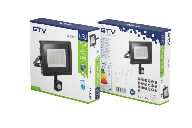 Projetor LED iNEXT com sensor de movimento 30W 2400lm, PF>0,9, RA>80, IP65, 120°, 6400K, corpo preto 1208962860