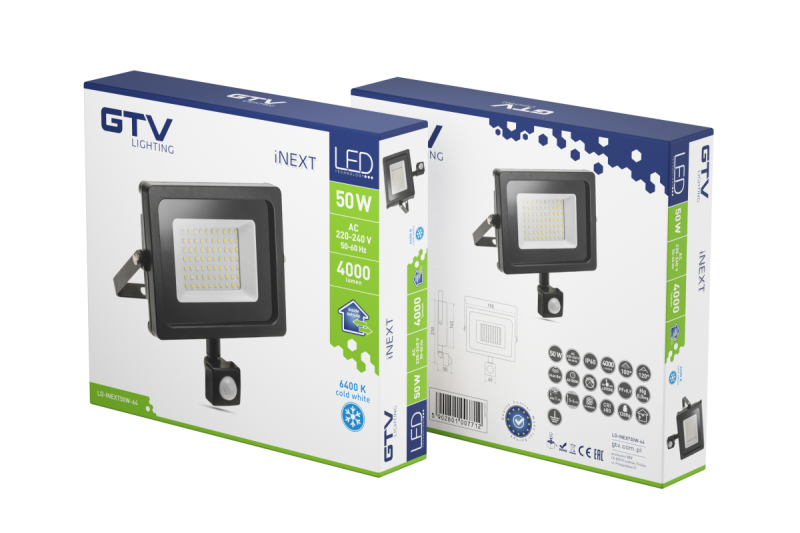 Holofote LED iNEXT com sensor de movimento 50W 4000lm, PF>0,9, RA>80, IP65, 120°, 6400K, corpo preto 1208962862