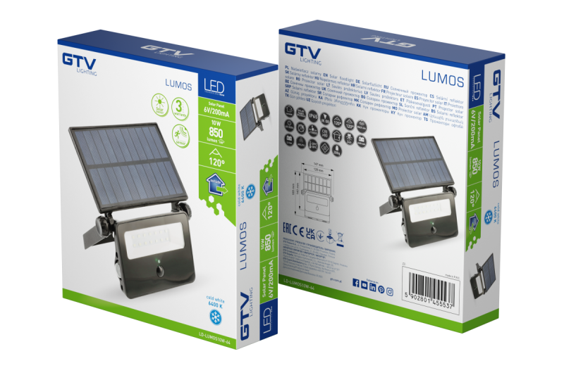 Holofote LED Solar LUMOS, com sensor de movimento, 10W, 850lm, 6400K, IP65, 120°, painel solar, 3y 1208962938