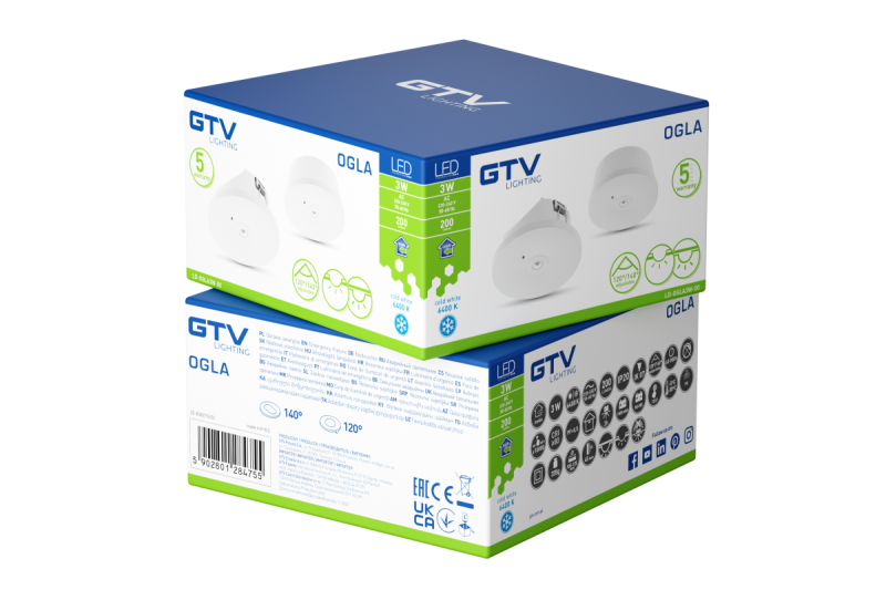 Luminária de emergência OGLA LED, 3W, 200lm, AC220-240V, 50-60Hz, IP20, 6400K, 3H, tarefa única, botão TESTE 1208963016